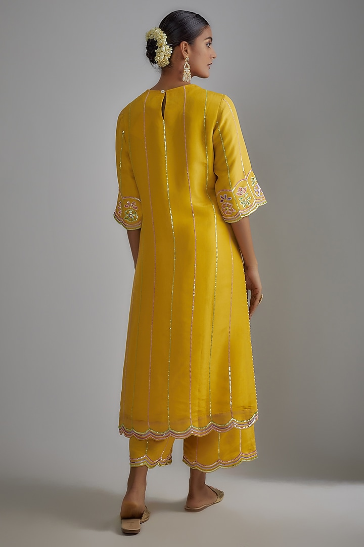 Mustard Silk Zari Hand Embroidered Kurta Set by I AM DESIGN at Pernia's Pop Up Shop
