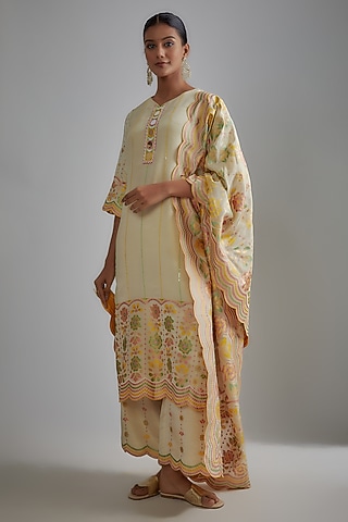 Ivory Silk Zari Printed & Embroidered Kurta Set by I AM DESIGN