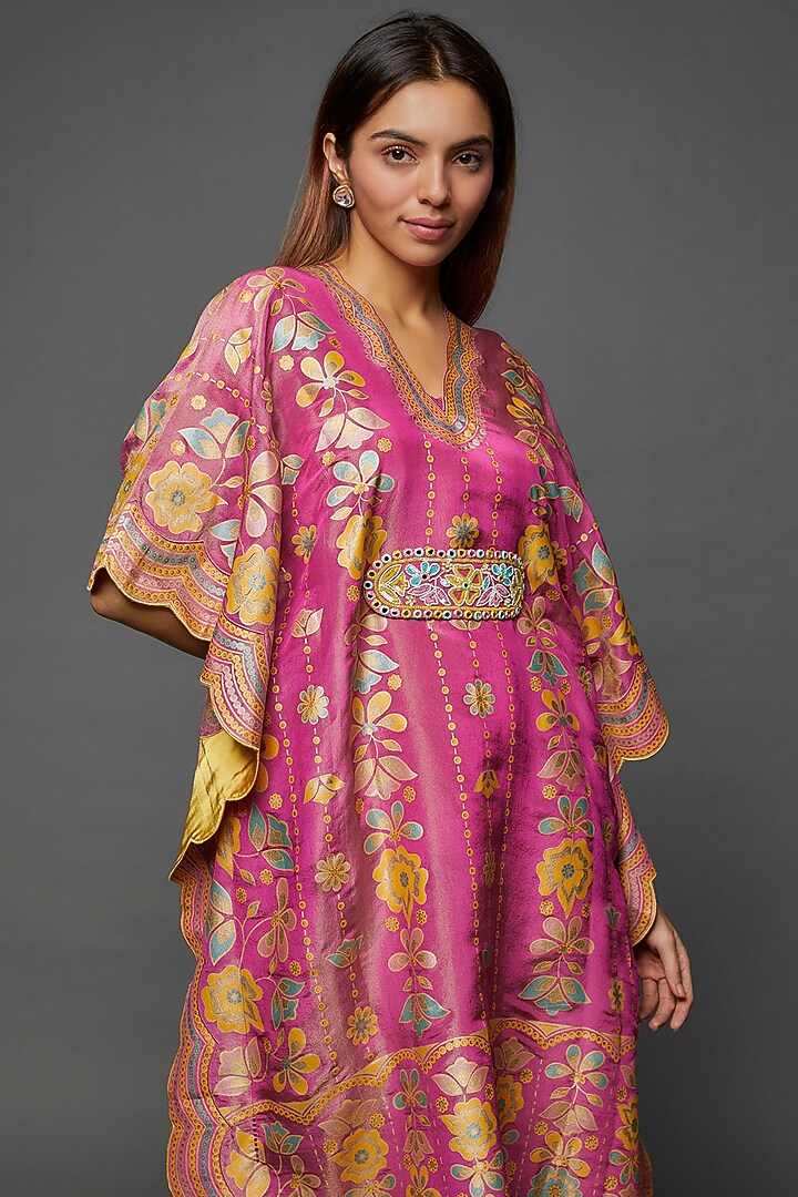Pink Silk Hand Printed & Embroidered Kaftan Set by I AM DESIGN at Pernia's Pop Up Shop