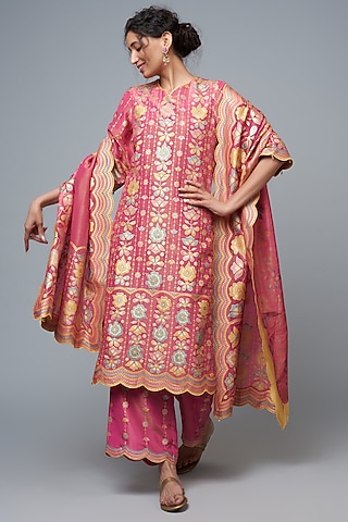 Hot Pink Silk Blend Floral Printed Kurta Set by I Am Design