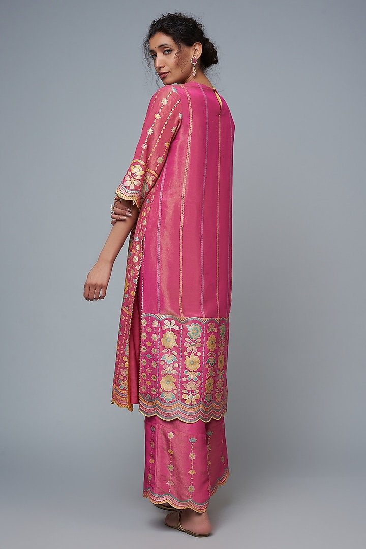 Hot Pink Silk Blend Floral Printed Kurta Set by I Am Design at Pernia's Pop Up Shop