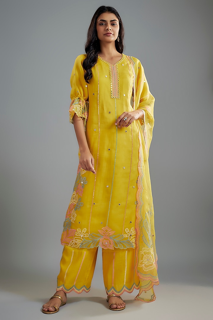 Mustard Silk Organza Mirror Embroidered Kurta Set by I AM DESIGN at Pernia's Pop Up Shop