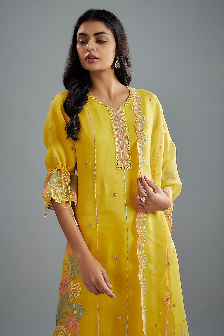 Mustard Silk Organza Mirror Embroidered Kurta Set by I AM DESIGN at Pernia's Pop Up Shop