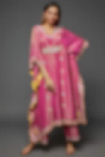 Pink Silk Blend Hand Embroidered Kaftan Set by I AM DESIGN