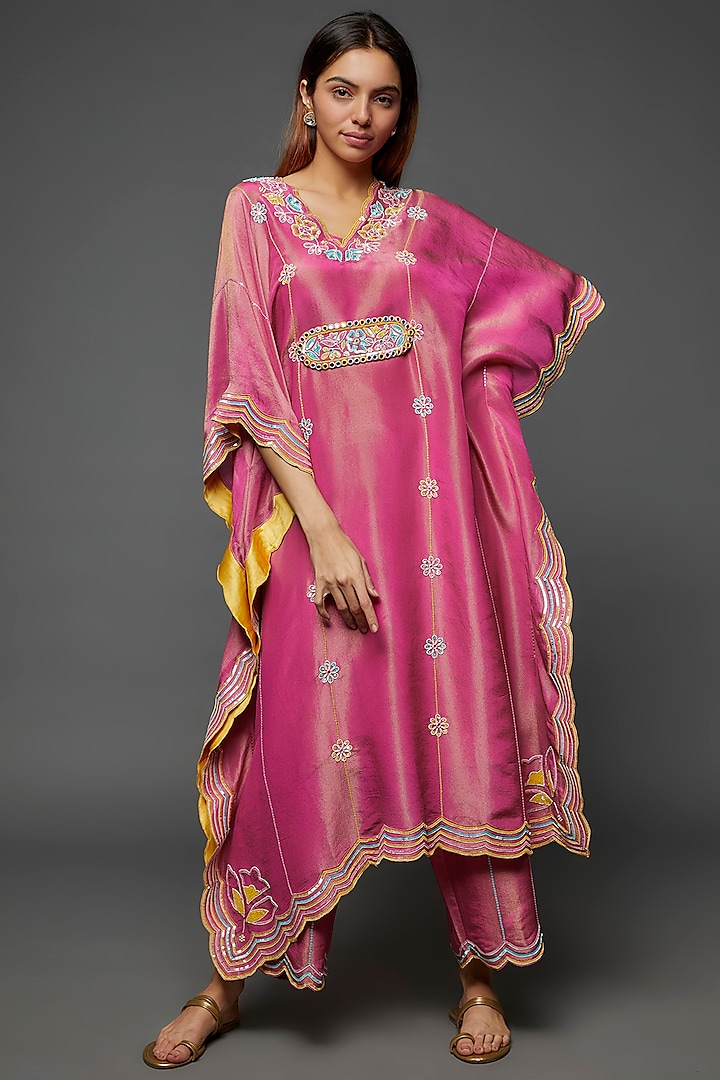 Pink Silk Blend Hand Embroidered Kaftan Set by I AM DESIGN