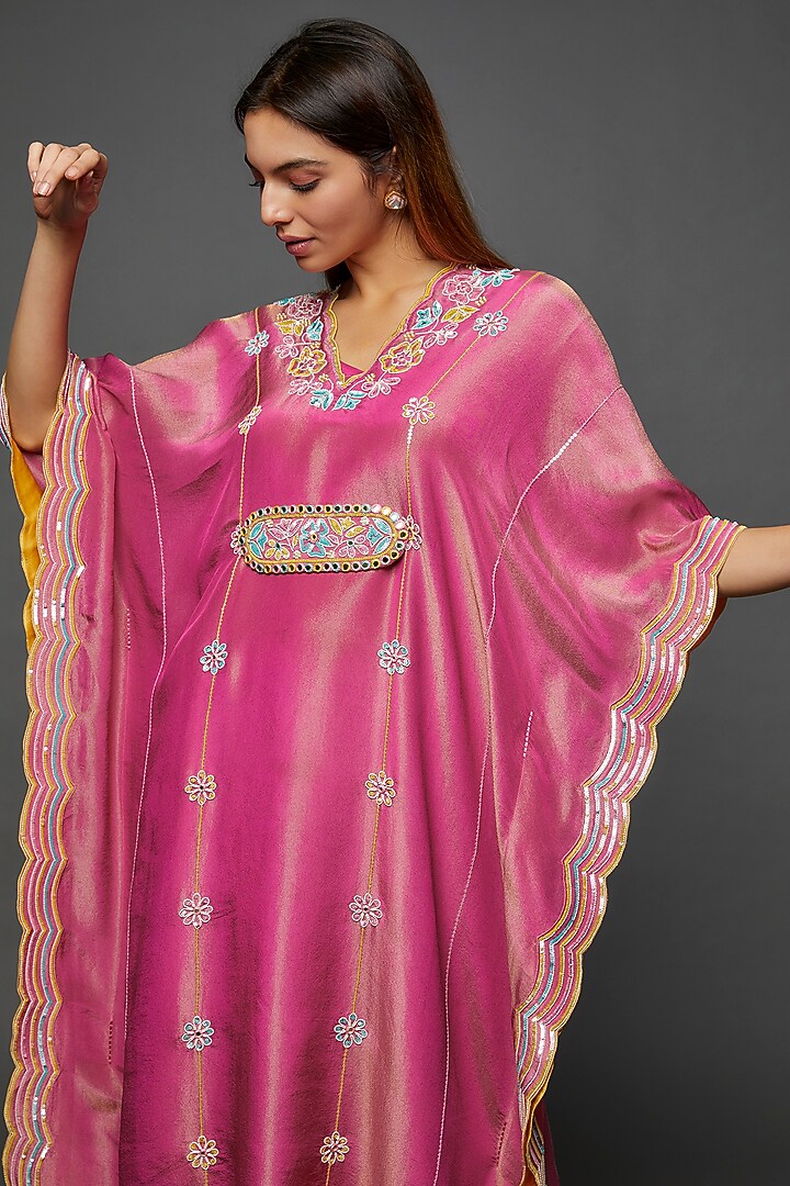Pink Silk Blend Hand Embroidered Kaftan Set by I AM DESIGN at Pernia's Pop Up Shop