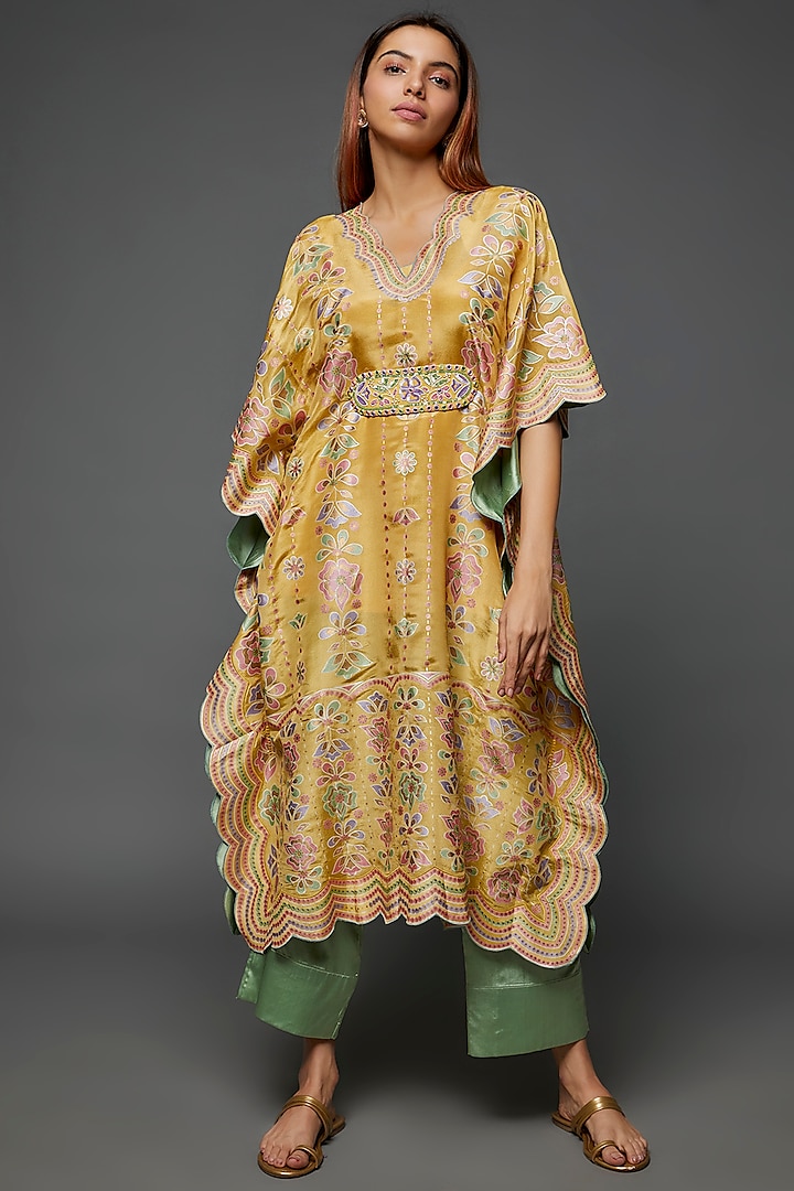 Pastel Yellow Silk Hand Printed & Embroidered Kaftan Set by I AM DESIGN