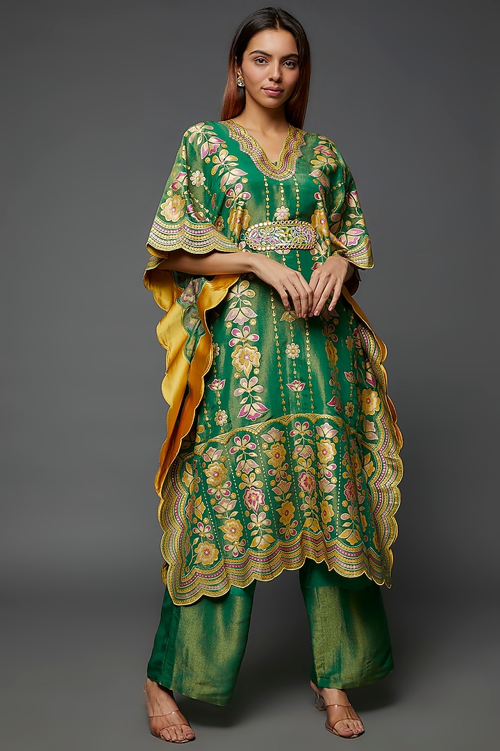 Green Silk Hand Printed & Embroidered Kaftan Set by I AM DESIGN
