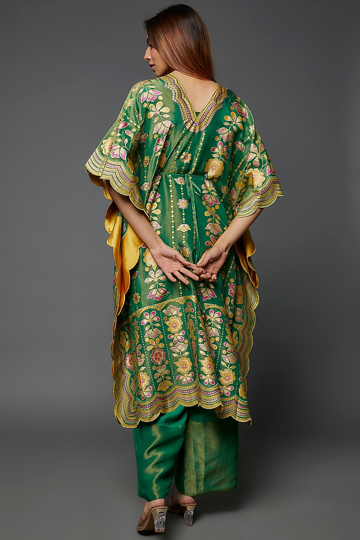 Green Silk Hand Printed & Embroidered Kaftan Set by I AM DESIGN at Pernia's Pop Up Shop