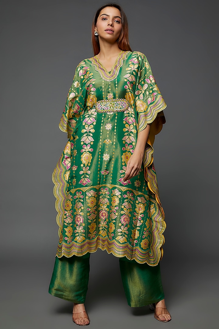 Green Silk Hand Printed & Embroidered Kaftan Set by I AM DESIGN at Pernia's Pop Up Shop
