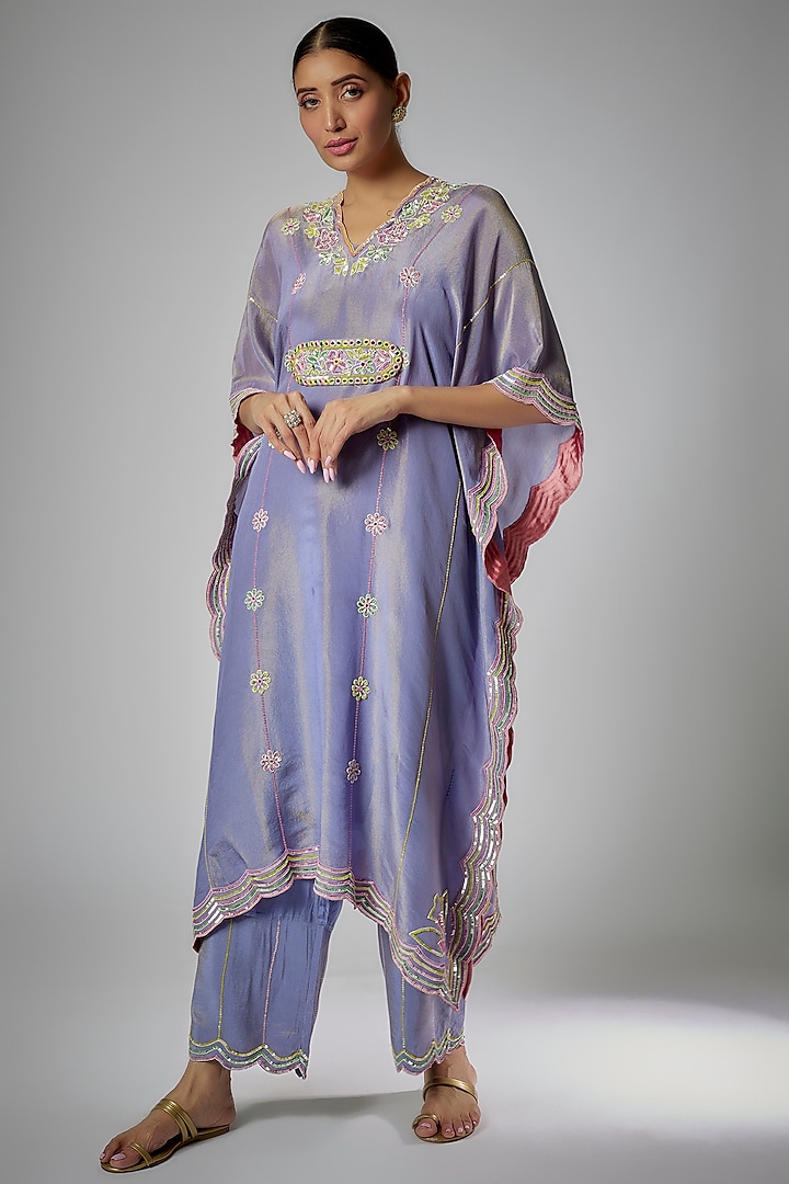 Mauve Silk Zari Hand Embroidered Kaftan Set by I AM DESIGN