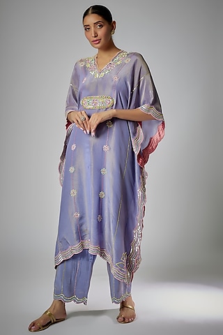 Mauve Silk Zari Hand Embroidered Kaftan Set by I AM DESIGN