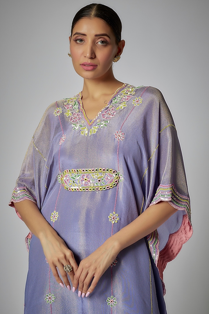 Mauve Silk Zari Hand Embroidered Kaftan Set by I AM DESIGN at Pernia's Pop Up Shop