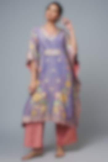 Mauve Silk Blend Printed & Embroidered Kaftan Set by I Am Design