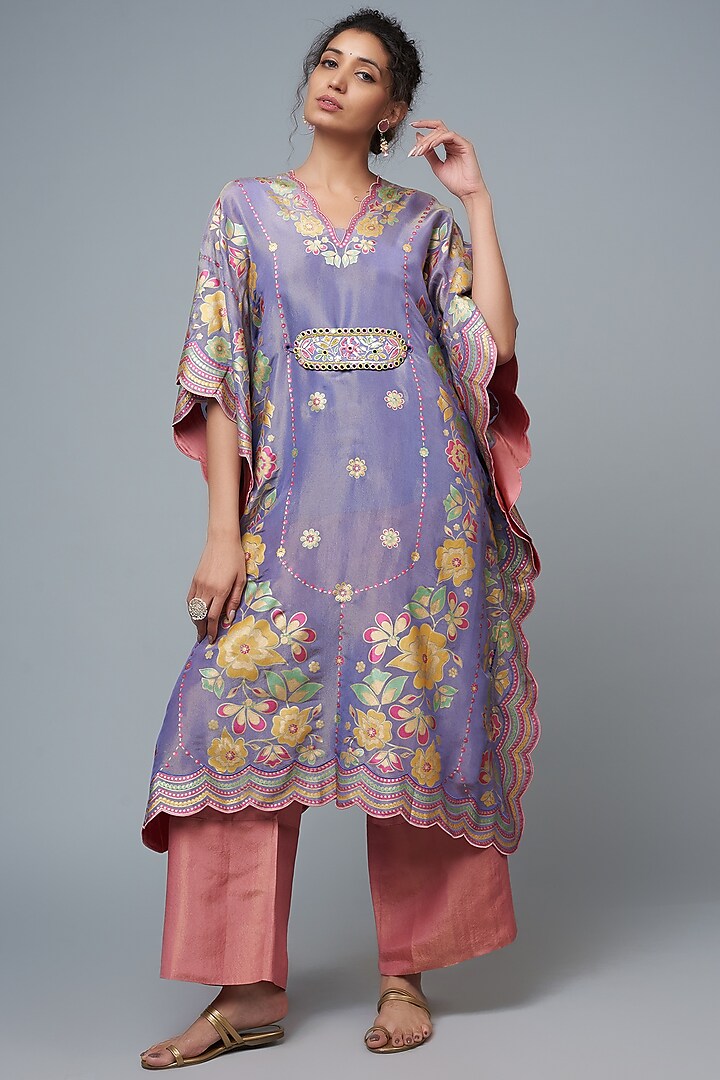 Mauve Silk Blend Printed & Embroidered Kaftan Set by I Am Design
