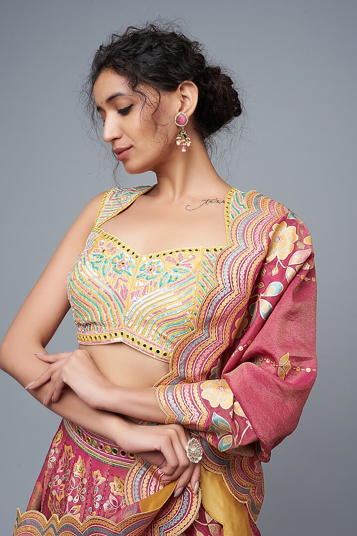 Hot Pink Silk Blend Printed & Embroidered Wedding Lehenga Set by I Am Design at Pernia's Pop Up Shop