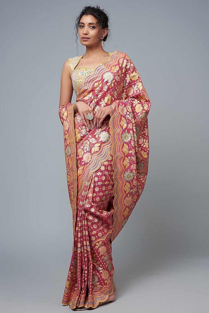 Hot Pink Hand Embroidered & Floral Printed Saree Set by I Am Design