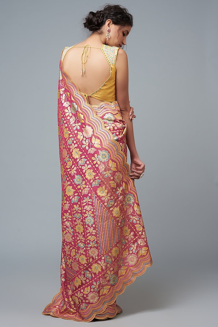 Hot Pink Hand Embroidered & Floral Printed Wedding Saree Set by I Am Design at Pernia's Pop Up Shop