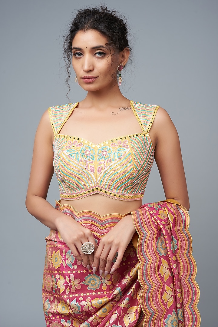 Hot Pink Hand Embroidered & Floral Printed Wedding Saree Set by I Am Design at Pernia's Pop Up Shop