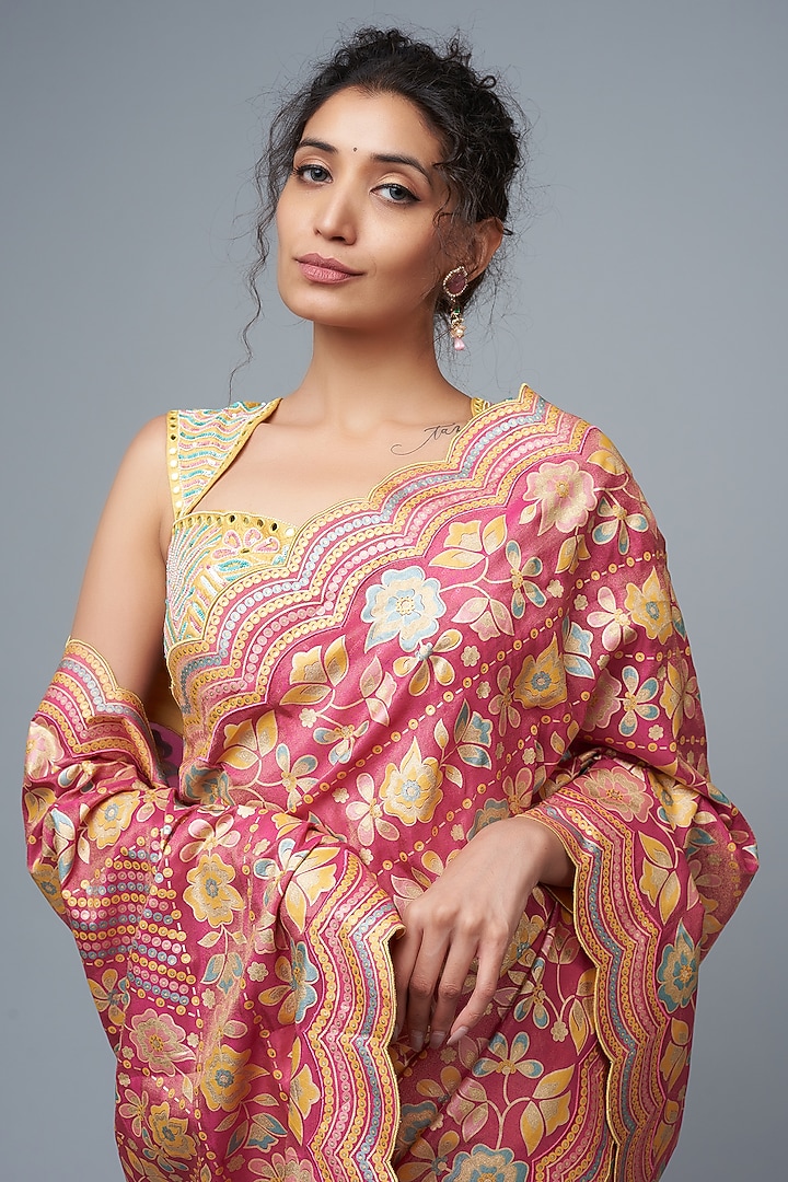 Hot Pink Hand Embroidered & Floral Printed Wedding Saree Set by I Am Design at Pernia's Pop Up Shop