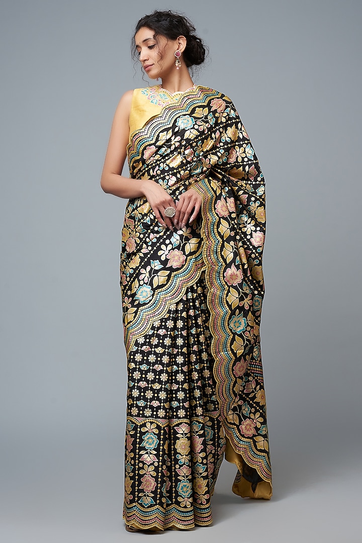 Black Hand Embroidered & Floral Printed Saree Set by I Am Design