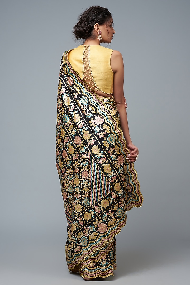 Black Hand Embroidered & Floral Printed Wedding Saree Set by I Am Design at Pernia's Pop Up Shop