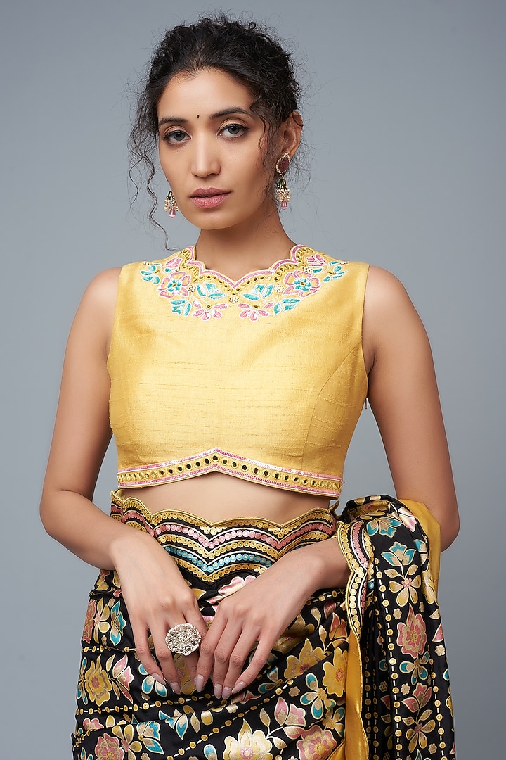 Black Hand Embroidered & Floral Printed Wedding Saree Set by I Am Design at Pernia's Pop Up Shop