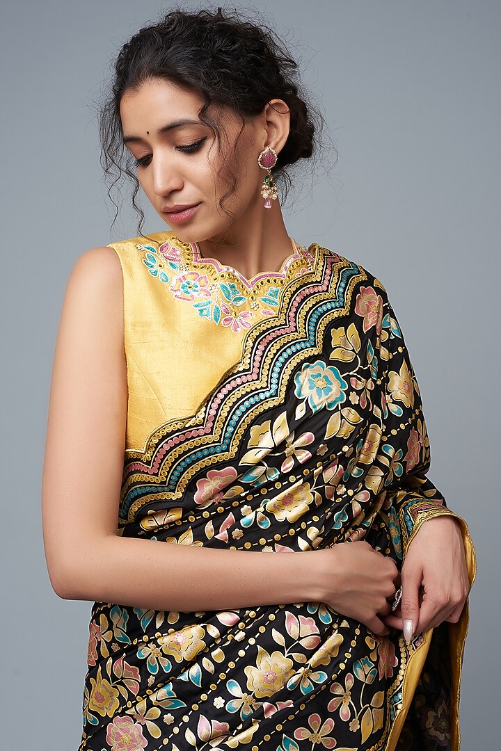 Black Hand Embroidered & Floral Printed Wedding Saree Set by I Am Design at Pernia's Pop Up Shop