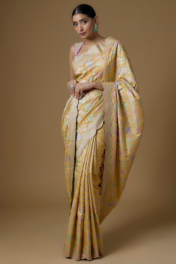 Yellow Silk Zari Floral Hand Printed Saree Set by I AM DESIGN