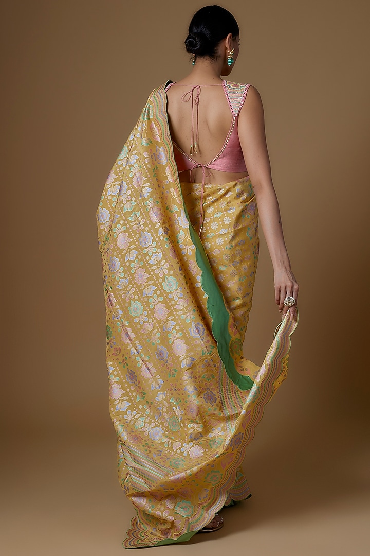 Yellow Silk Zari Floral Hand Printed Wedding Saree Set by I AM DESIGN at Pernia's Pop Up Shop
