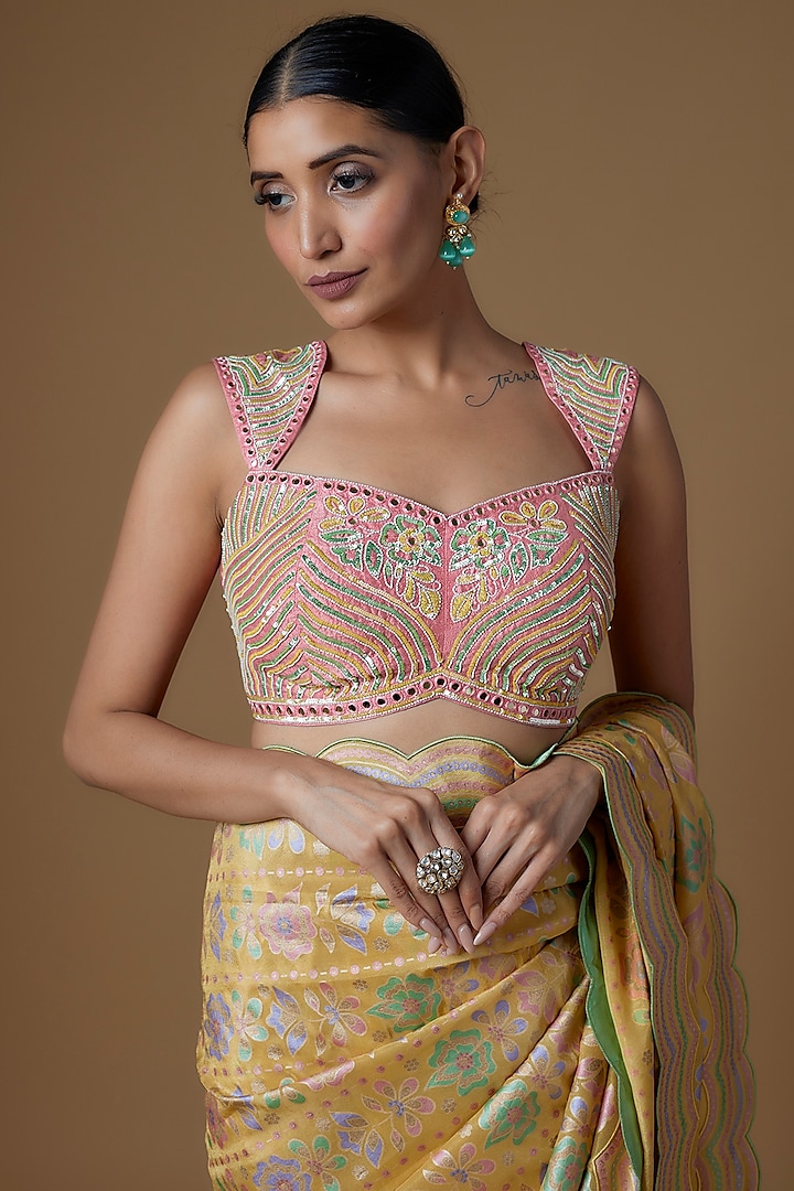 Yellow Silk Zari Floral Hand Printed Wedding Saree Set by I AM DESIGN at Pernia's Pop Up Shop