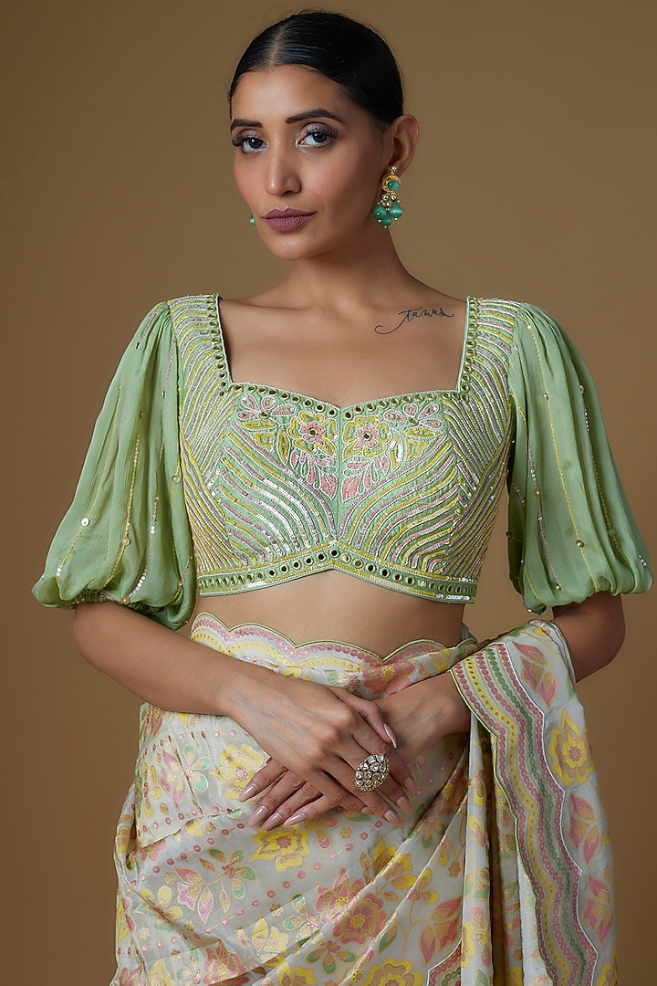 White Silk Zari Floral Hand Printed Wedding Saree Set by I AM DESIGN at Pernia's Pop Up Shop
