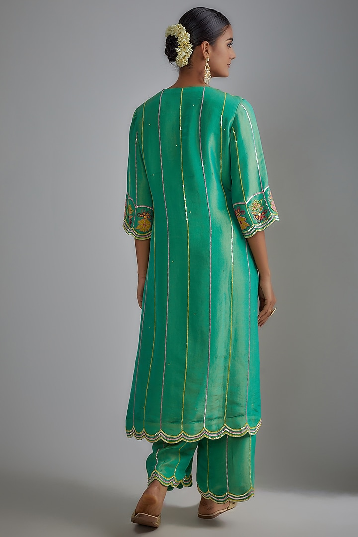 Green Silk Zari Hand Embroidered Kurta Set by I AM DESIGN at Pernia's Pop Up Shop