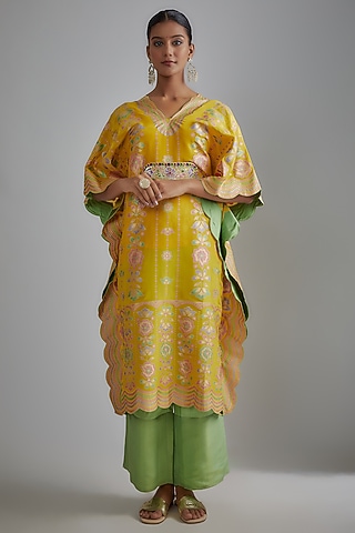 Mustard Silk Zari Hand Printed Kaftan Set by I AM DESIGN