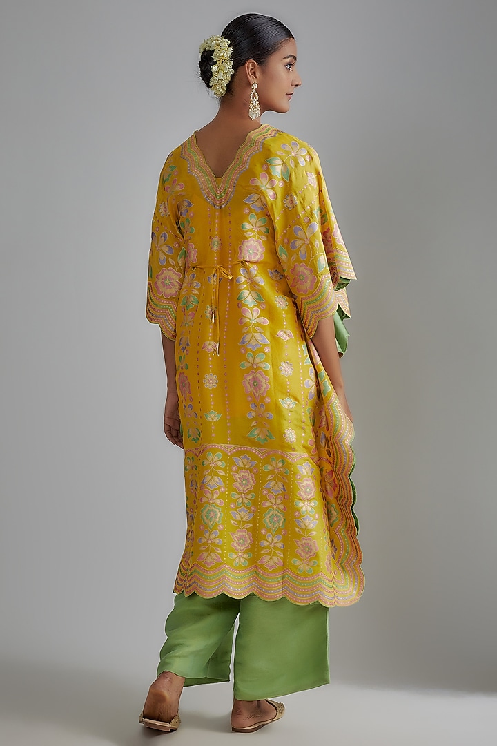 Mustard Silk Zari Hand Printed Kaftan Set by I AM DESIGN at Pernia's Pop Up Shop