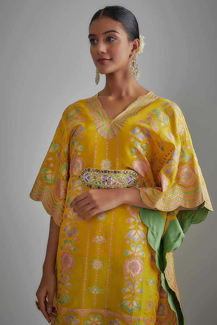 Mustard Silk Zari Hand Printed Kaftan Set by I AM DESIGN at Pernia's Pop Up Shop