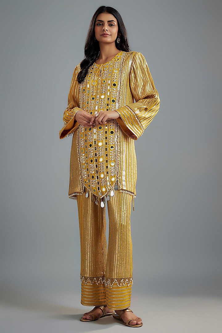 Mustard Georgette Hand Embroidered Kurta Set by I AM DESIGN at Pernia's Pop Up Shop