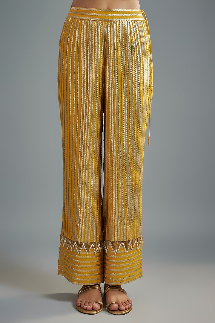 Mustard Georgette Hand Embroidered Kurta Set by I AM DESIGN at Pernia's Pop Up Shop