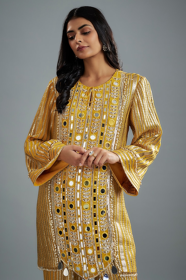 Mustard Georgette Hand Embroidered Kurta Set by I AM DESIGN at Pernia's Pop Up Shop