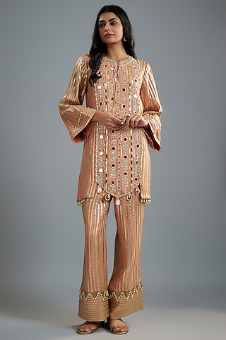 Peach Georgette Hand Embroidered Kurta Set by I AM DESIGN