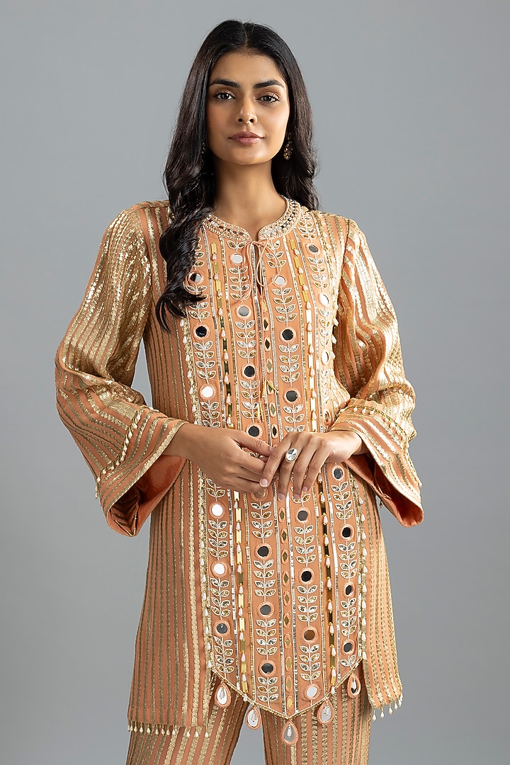 Peach Georgette Hand Embroidered Kurta Set by I AM DESIGN at Pernia's Pop Up Shop