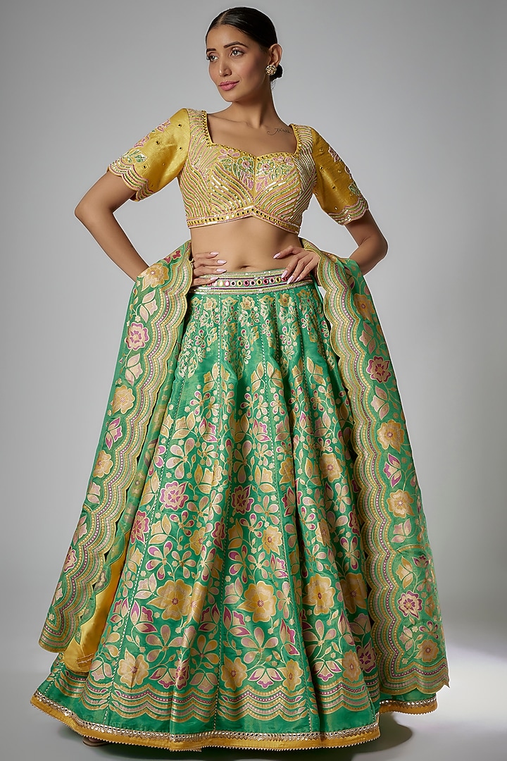 Green Silk Zari Floral Printed Wedding Lehenga Set by I AM DESIGN at Pernia's Pop Up Shop