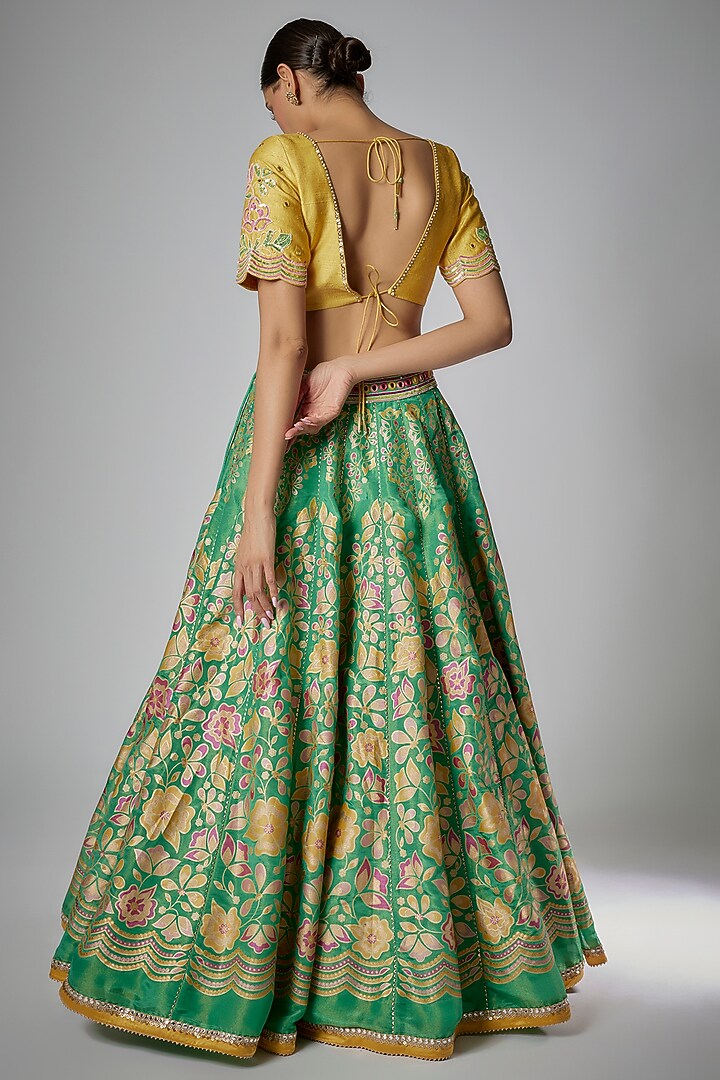 Green Silk Zari Floral Printed Wedding Lehenga Set by I AM DESIGN at Pernia's Pop Up Shop