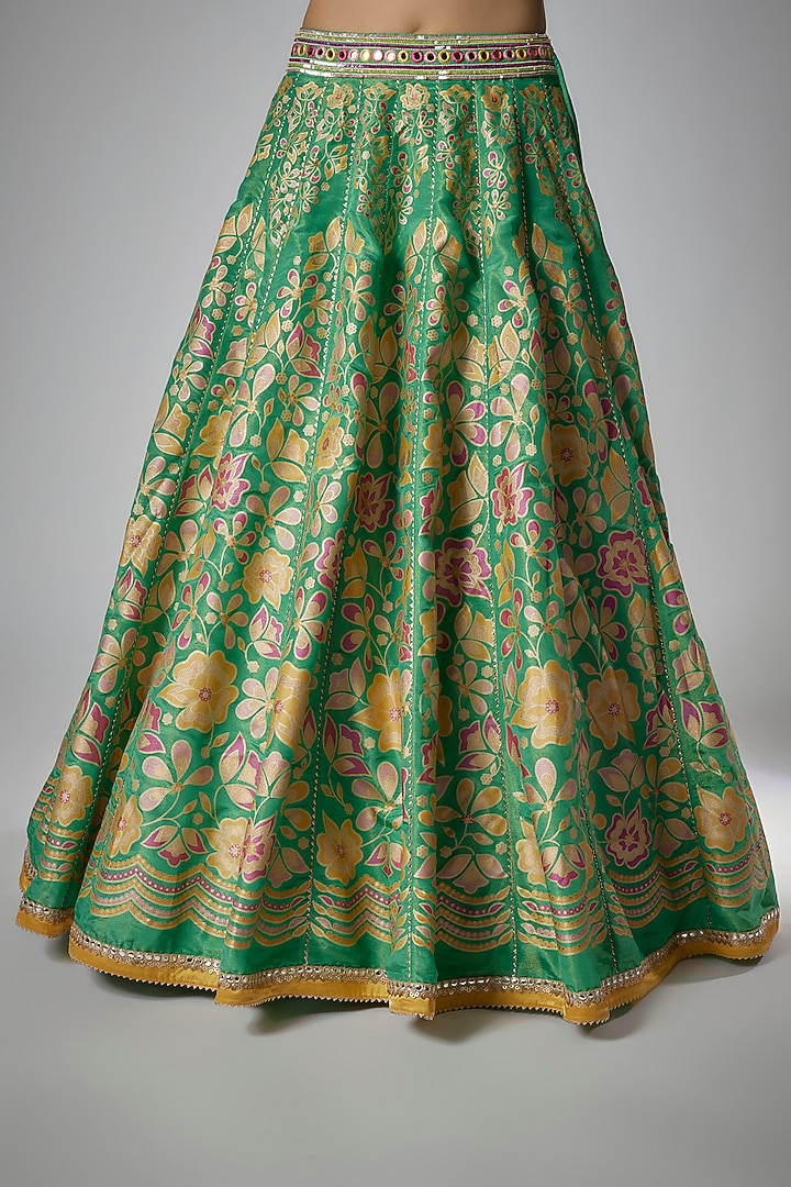 Green Silk Zari Floral Printed Wedding Lehenga Set by I AM DESIGN at Pernia's Pop Up Shop