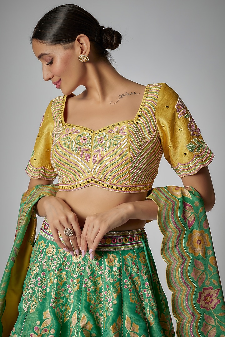 Green Silk Zari Floral Printed Wedding Lehenga Set by I AM DESIGN at Pernia's Pop Up Shop