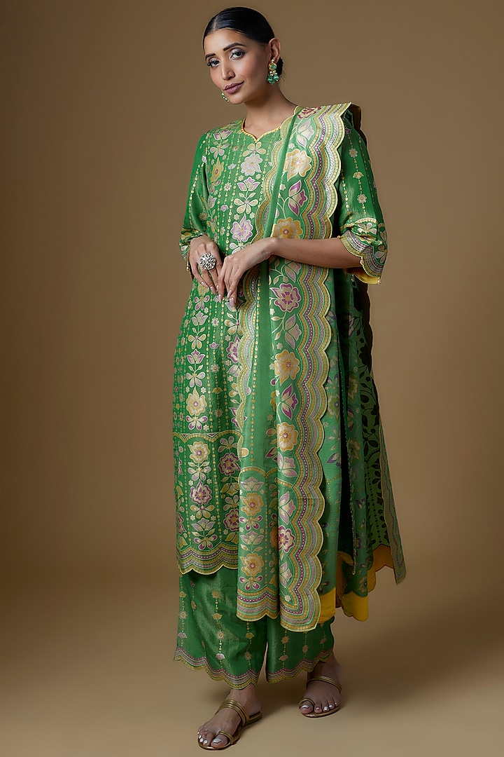 Green Silk Zari Hand Printed Kurta Set by I AM DESIGN