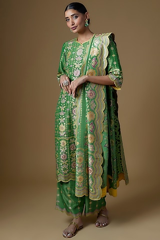 Green Silk Zari Hand Printed Kurta Set by I AM DESIGN