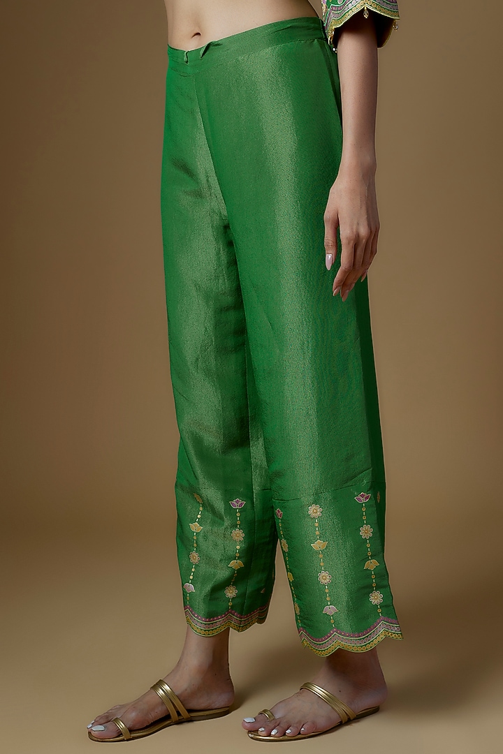 Green Silk Zari Hand Printed Kurta Set by I AM DESIGN at Pernia's Pop Up Shop