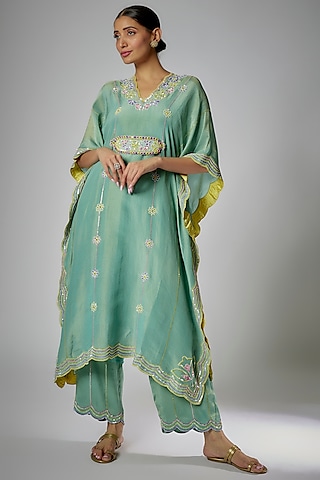 Mint Silk Zari Hand Embroidered Kaftan Set by I AM DESIGN