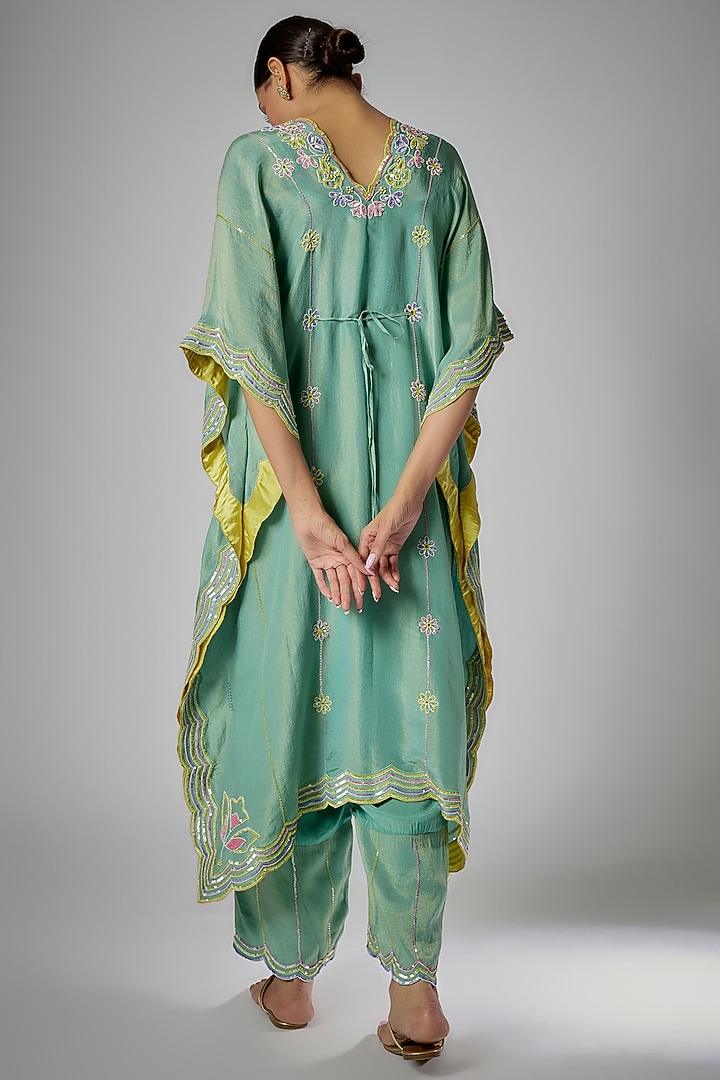 Mint Silk Zari Hand Embroidered Kaftan Set by I AM DESIGN at Pernia's Pop Up Shop
